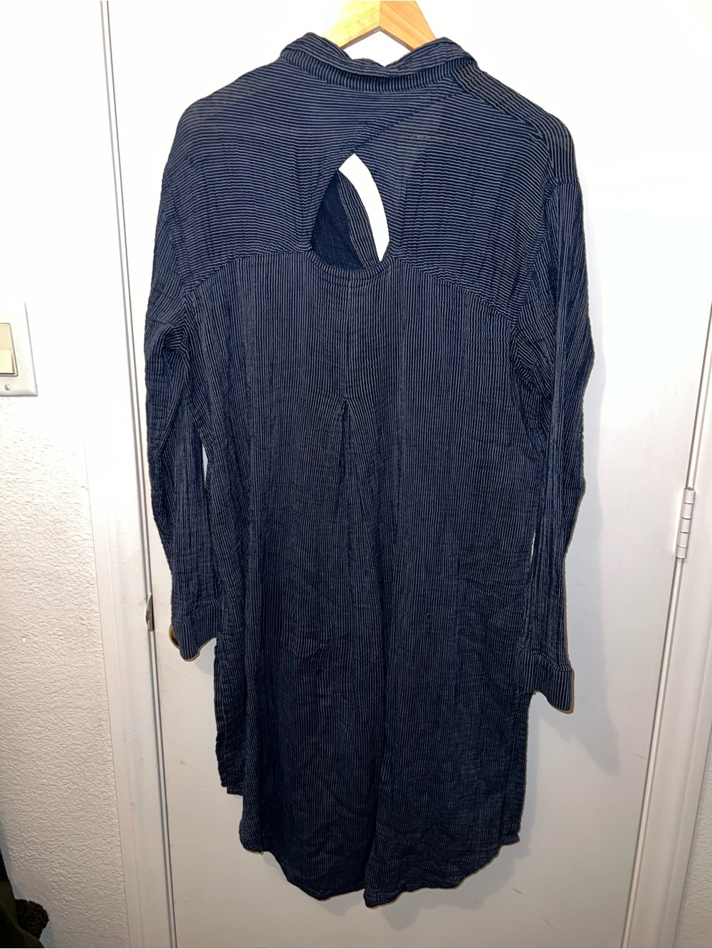 Free People Navy Pinstripe Cotton High-Low Tunic Shirt Dress Size L - Picture 2 of 6